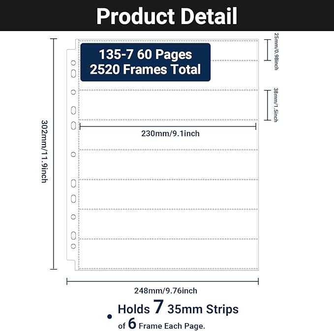 35mm Film Sleeve 135-7, Pack of 60 Acid Free 35mm Film Holder Film Negative Sleeves for Film Negative Storage, Up to 2520 Frames, with 4 Label Sheets