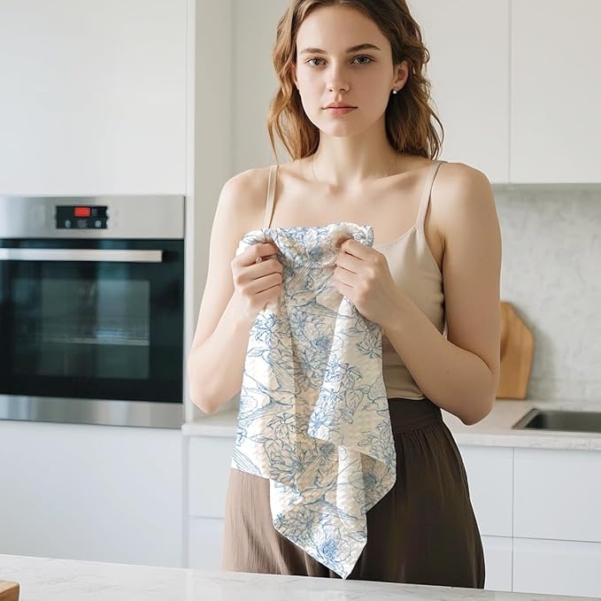2 Pcs Chinoiserie Floral Bird Kitchen Towels 24x14 Inch, Blue White Flowers Bird Dish Towels for Kitchen Farmhouse Decor, Durable Absorbent Microfiber Tea Towel Dish Cloth, Home Gifts for Women Mom