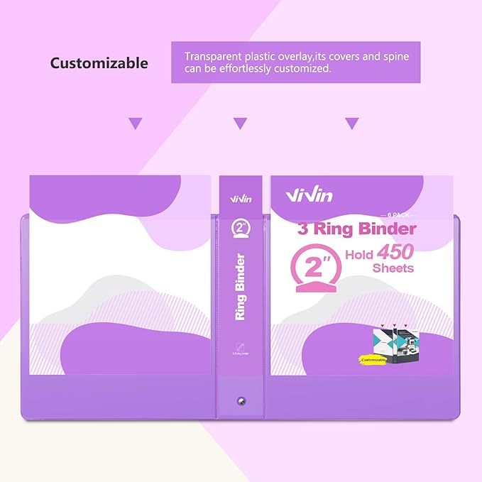 ViVin 2 Inch Round Ring View Binder for Durability, Standard 3 Ring Binder for 450 Sheets of US Letter Size Paper, PVC-Free, 6-Pack (Purple)