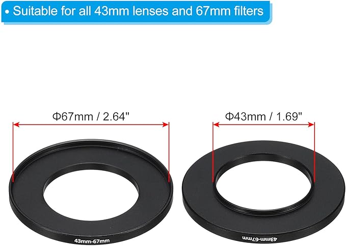 PATIKIL 43mm-67mm Metal Step Up Ring with Cleaning Cloth, 2 Pack Camera Lens Filter Adapter Ring Aluminum Filter Adapter Ring for Camera Lenses Hood, Black