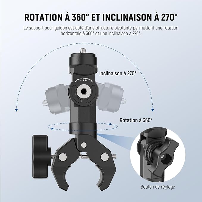 NEEWER Motorcycle Bike Handlebar Clamp Mount, Heavy Duty Clip Holder, 1/4" Screw & 3 Prong Adapter Compatible with Insta360 X5 X4 GoPro Hero 13 12 POV Video Recording, 360° Rotation & 270° Tilt, CA161