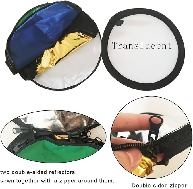 REFLEX CAMERA 7-in-1 Photography Reflector (Round) – Translucent/Silver/Gold/White/Black/Blue/Green – Light Diffuser & Chroma Key Background Kit with Carrying Case (60cm/23)
