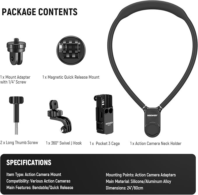 NEEWER Magnetic Neck Mount with Pocket 3 Cage, Flexible Quick Release Action Camera Neck Holder Compatible with Hero 13 12 11 Max DJI Action 5 Pro Insta360 Osmo Pocket 3 Accessory for POV, GP39