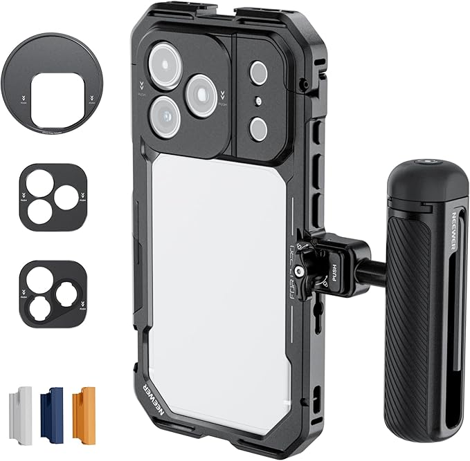 NEEWER Phone Cage Kit Compatible with iPhone 17 Pro Only, Video Rig Stabilizer Accessories with 67mm Filter Ring, 17mm & T Mount Lens Backplates, Quick Release Bluetooth Handle, PA143 (Black)