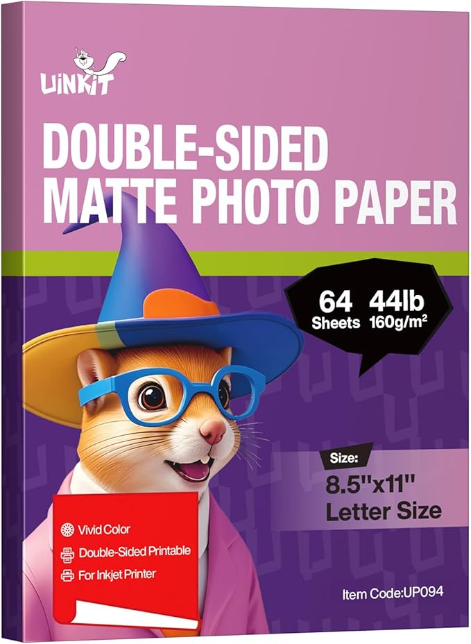 Uinkit Bright White Double Sided Matte Photo Paper - 8.5x11 Letter Size 160gsm (44lb), 64 Sheets Instant Dry Dye Inkjet Paper, Smudge Resistant Professional Printing for Home Office DIY