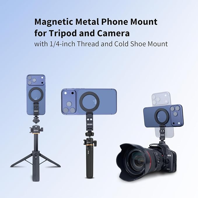 Magnetic Phone Tripod Mount Adapter with 1/4" Thread, Cold Shoe Phone Holder for Camera. Compatible with MagSafe for iPhone, 360° Rotatable, Foldable, Portable Design for Photography Video Vlog
