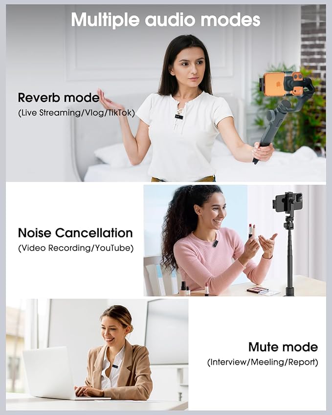 PoP voice Mini Wireless Lavalier Microphone for iPhone/Android/PC, 48kHz/24-bit High Fidelity Audio, 20m Range, Noise Cancelling, 60h Use, YouTube, Vlog, Streaming