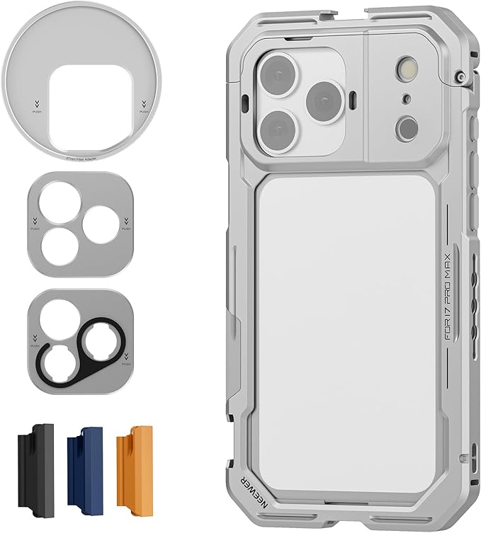 NEEWER PA144 (Silver) Phone Cage Compatible with iPhone 17 Pro Max + PS017 180 Degree U Shaped USB C OTG Adapter, Quick Release Video Rig Stabilizer with 67mm Filter Ring, 17mm Lens Backplate