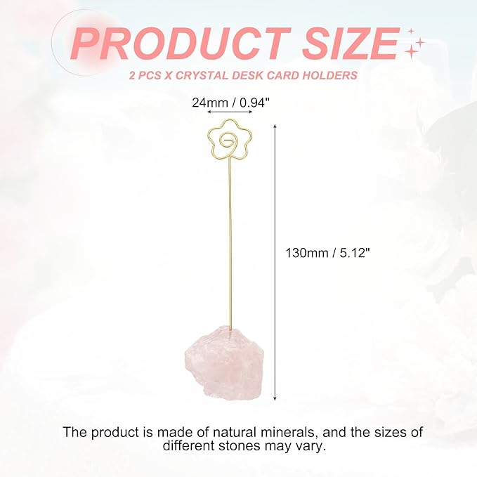 PATIKIL Table Number Holder, 2Pcs Photo Clip Holders Crystal Stone Quartz Desk Card Holder Raw Flower Shape Iron Memo Note Photo Stand for Wedding Party Home Office Decor, Pink