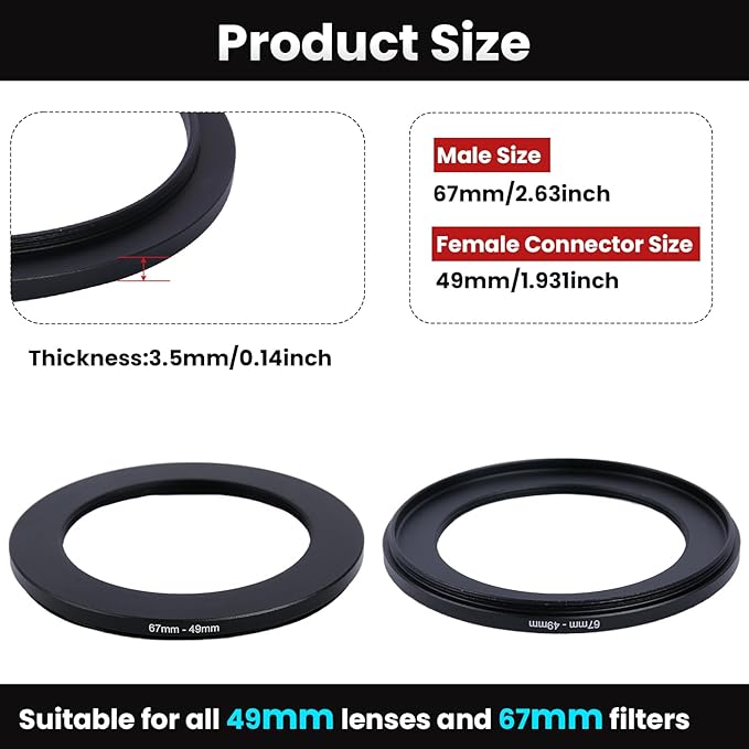 Metal Step Down Ring Filter Adapter - 67mm to 49mm - Metal Ring Step Down Rings Adapter Filter Compatible with All 49mm UV, CPL, ND, Lens Hood, Threaded Lens ect