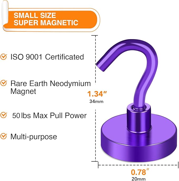 MIKEDE Magnetic Hooks, 50Lbs+ Heavy Duty Magnet Hooks for Cruise Cabins, Super Neodymium Hanging Hooks Strong Magnets with Hook for Fridge, Magnetic Hanger for Grill, Toolbox, Storage(Purple, 4 Pack)