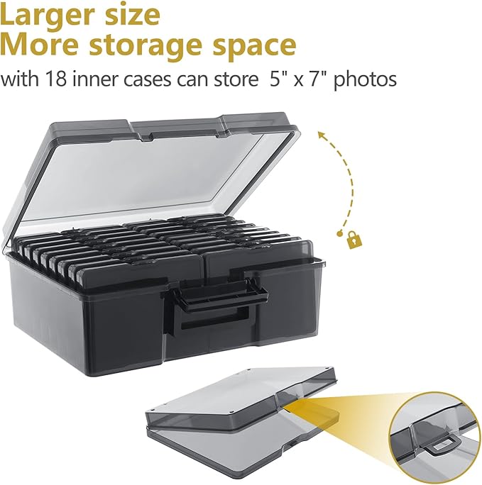 IDekooror Photo Storage Box 5" x 7", 18 Inner Extra Large Photo Organizer Container, Plastic Craft Storage Box with Handle for Pictures Stickers Stamps Seeds