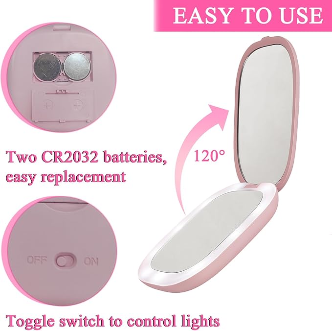 QUELIEN Compact Mirror LED Lighted Pocket Mirror for Women, 1X/3X Sleek Pink Mini Travel Compact Mirrors, Portable Compact Mirror with Light for Makeup, Purse, and On-The-Go Use