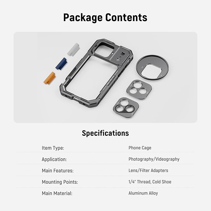 NEEWER Phone Cage Compatible with iPhone 17 Pro Max, Quick Release Video Rig Stabilizer Accessories with 67mm Filter Ring, 17mm Lens Backplate, T Mount Adapter, 4X Camera Control Cap, PA144 (Black)