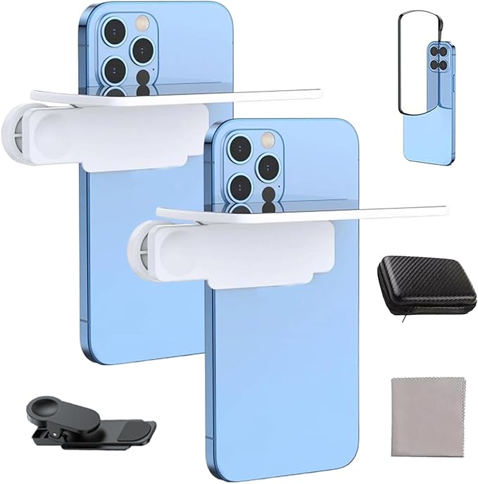 Mirror Effect Lens - Capture Stunning Reflections Instantly, Smartphone Camera Mirror Reflection Clip Kit for iPhone and All Phones, Adjustable HD Glass Smartphone Photography Flip for Travel (2White)