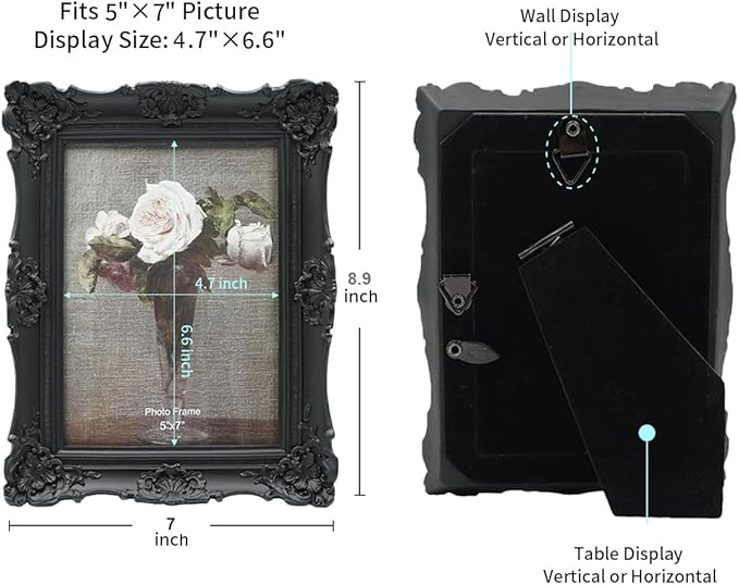CISOO 5x7 Vintage Picture Frame Antique Ornate Black Photo Frame, for Table Top and Wall Display, Decorative Floral Design Retro Home Decor, Photo Gallery Art