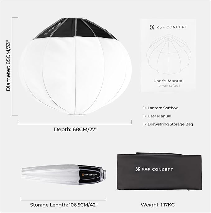 K&F CONCEPT 33.5"/85cm Softbox Lantern Soft Light Modifier, Quick Release Light Diffuser Softbox, Compatible with Bowens Mount, with Carrying Bag, for Photography Studio Speedlite Flash and Monolight