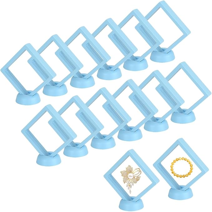 12PCS 3D Floating Frame Case with Stands, Challenge Coin Display Stand Holder, Gift Packing Frame Showcase for Earrings, Jewelry, Medallions, Specimens, 3.54x3.54 Inch (Blue)