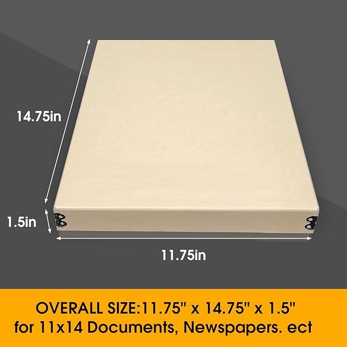 Golden State Art, Archival Storage Box, Acid-Free Drop Front Museum Box with Metal Edge for Storing Artwork Photos Documents Prints Arts And Crafts (Tan-11.75x14.75x1.5 Inches)