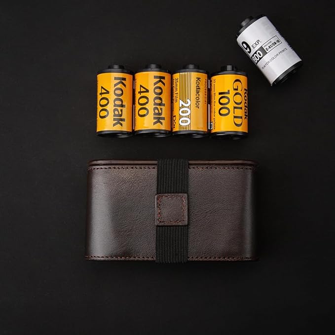 35mm 135 Film Container Storage Box Leather Camera film protection box Storage Carrying Case Bag (Bronze-case)