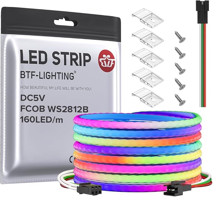 BTF-LIGHTING FCOB COB XGB1338(WS2812B) Individually Addressable IC RGB 160LED/m 800IC LED Strip DC5V 16.4FT 5mm Width Dream Chasing Color High Density Uniform Light(NO Adapter or Controller)