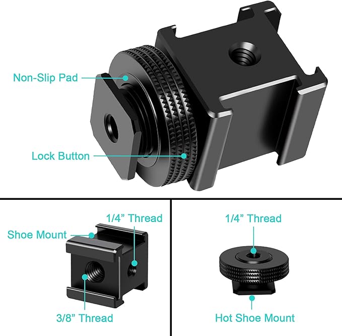 Fotoconic Triple Cold Shoe Mount Bracket Camera Hot Shoe Mount Adapter for Flash Lights Monitors Microphones Audio Recorder