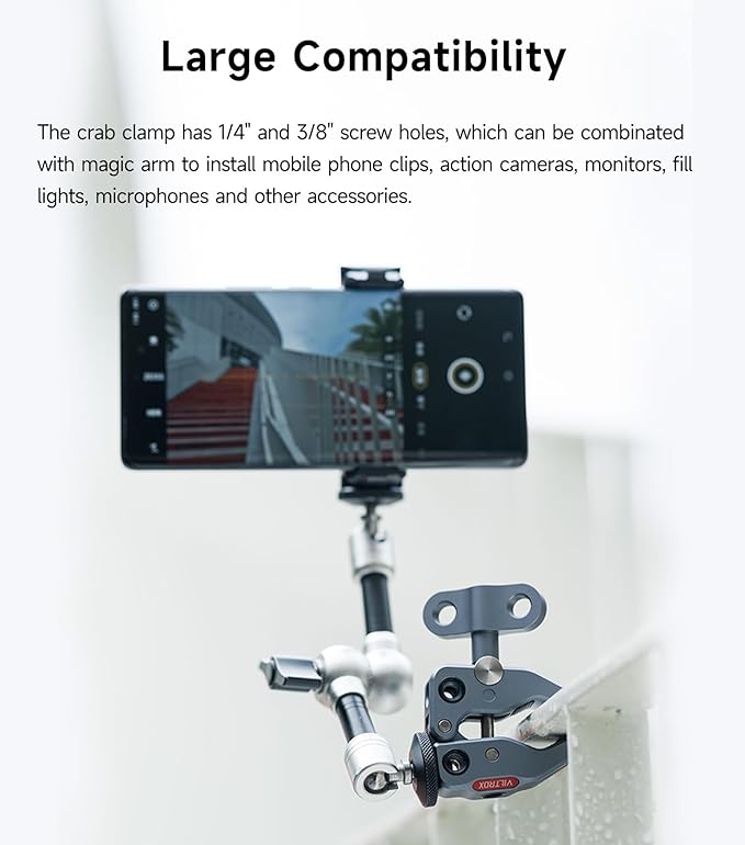 VILTROX ES-V02 Super Crab Claw Clamp Magic Arm Camera Clamp, Crab-Shaped Monitor Clamp with 1/4" 3/8" Threaded Holes for Gopro/DSLR Camera/Stabilizer/LED Light for Photography Video Recording Vlogging