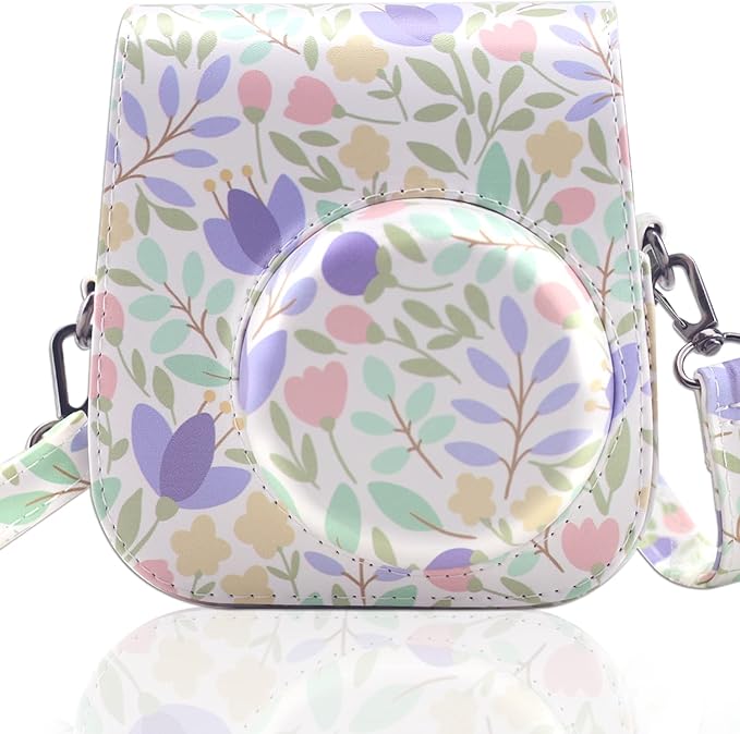 Frankmate PU Leather Camera Case Compatible with Fujifilm Instax Mini 11 12 Instant Camera with Adjustable Strap and Pocket (Flowers Green)