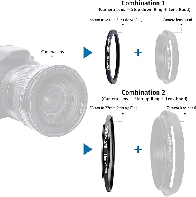 10Pcs 58mm Filter Ring Adapter Set,Filter Metal Stepping Rings for All Brands UV ND CPL 58-40.5mm,58-46mm,58-49mm,58-52mm,58-55mm,58-62mm,58-67mm,58-72mm,58-77mm,58-82mm