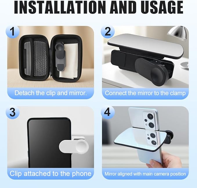 Mirror Reflection for iPhone, Smartphone Camera Mirror Reflection Clip Kit, HD Glass Mirrors for Phone to Use Back Camera, Portable Mirrors for iPhone Back Cameras Photography (White)