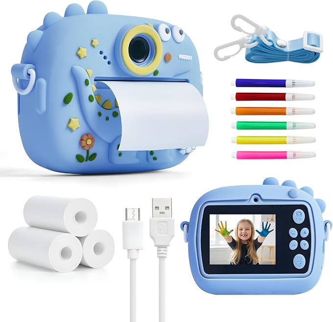 Kids Instant Print Camera with Dinosaur Silicone Cover,1080P HD Digital Video Cameras for Kids with Print Paper & SD Card,Christmas Birthday Gifts for Girls Boys 3-10 Years (Blue)