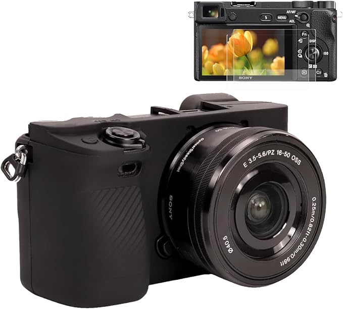 Pocoukate Case for Sony Alpha A6400, A6300, Camera, Soft Silicone Protective Cover Skin with Screen Protector Accessories for Sony Alpha A6400 / 6300 Digital Camera Silicone Cas - Black