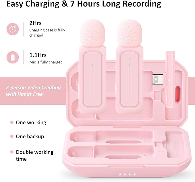 2 Pack Wireless Lavalier Microphone for iPhone iPad Android with Charging Case - 7H Clip on Lapel Microphone Wireless for Video Recording Vlogging, YouTube, Interview, 3 Mode Denoise (Pink)