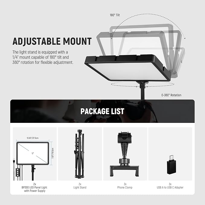 NEEWER Basics 2Pcs LED Video Light Panel with 59'' Tripod Stands/Phone Holders, 2700-6500K 850Lux Dimmable Plastic Studio Lighting for Photography Filming Recording Live Streaming, No Adapter, BP300