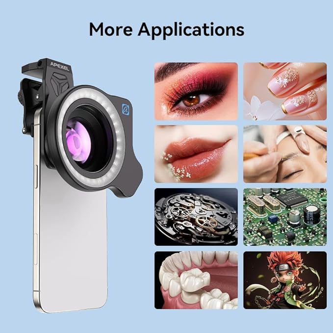 APEXEL 100Ultra Macro Lens + Fill Light- Enhanced Version Smartphone Lens for iPhone| Professional Macro Photography of Flowers, Iinsects, Jewelry, Food Details and Other Small Objects