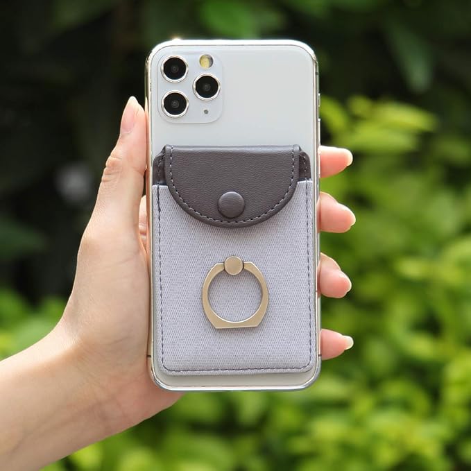 Credit Card Holder for Back of Phone with Ring Stand Stick on Phone Wallet,Ultra-Slim Self Adhesive,RFID Blocking Ring Pocket Wallet Stick on Most Smartphones(Finger Ring Gray)