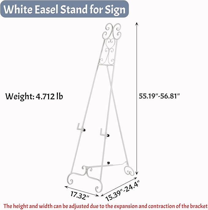 Metal Free Standing Adjustable Display Stand Scroll Easel with Chain Support, White Easel Stand for Sign, Wedding, Picture Frame. (No Installation Required)