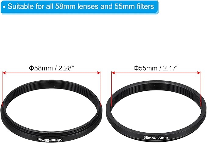PATIKIL 58mm-55mm Metal Step Down Ring with Cleaning Cloth, 2 Pack Camera Lens Filter Adapter Ring Aluminum Filter Adapter Ring for Camera Lenses Hood, Black