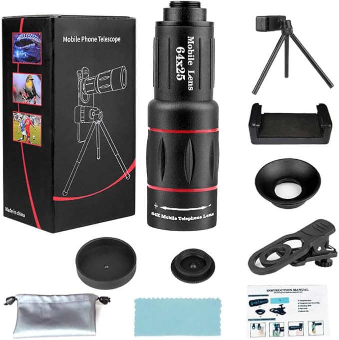 64X Zoom Mobile Phone Telephoto Lens with Tripod & Phone Clamp - HD FMC Monocular Lens for Long Distance Photography, Bird Watching, Sports & Vlogging (Universal Smartphone Lens)