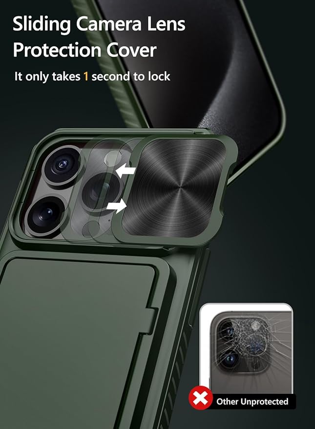 Vihibii for iPhone 15 Pro Case Wallet with Card Holder (4 Cards) & Slide Camera Lens Cover & Kickstand & Raised Edges Protective Screen, Rugged Durable Phone Case for iPhone 15 Pro 5G 6.1" 2023, Green