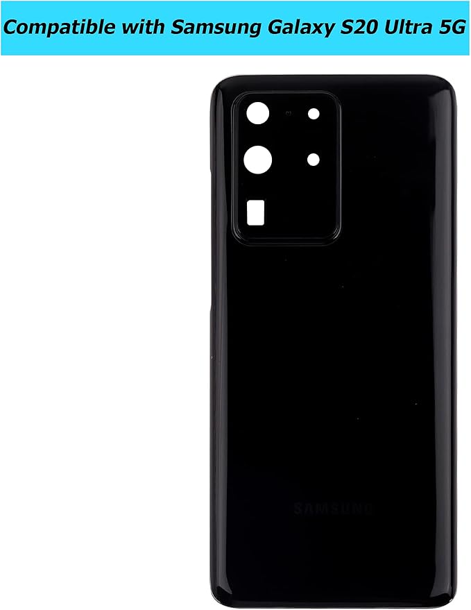 Replacement Battery Door Cover Back Cover Kompatibel for Samsung Galaxy S20 Ultra 5G SM-G988B SM-G988N SM-G988U SM-G988W Cosmic Black Akkudeckel with Camera Lens and Waterproof Glue