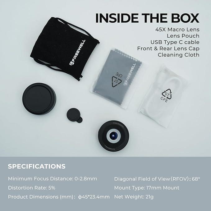 Freewell 45x Macro Lens for Smartphones 17mm Threaded Extreme Detail Close-Ups Lens for iPhone & Samsung
