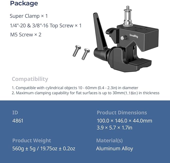 SMALLRIG Super Clamp Kit, Heavy Duty Max Load 33lb /15kg, with a 1/4"-20 & a 3/8"-16 Top Screw on a 5/8" Stud, for Photography Studio Video Camera Lighting, for Round Pipe and Flat Surface (Pack of 4)