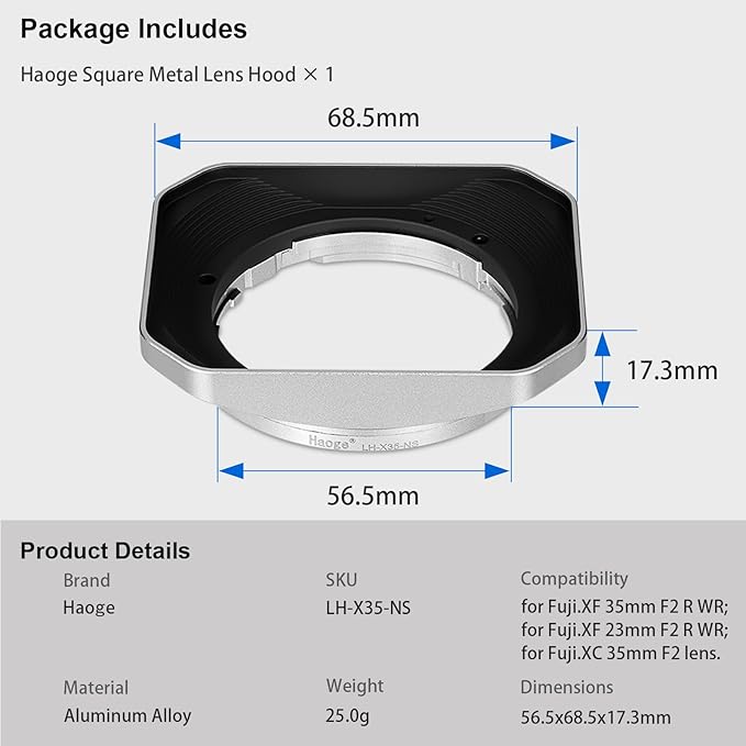 Haoge Bayonet Lens Hood Metal Squaret for Fujifilm XF 23mm F2 R WR,XF 35mm F2 R WR, XC 35mm F2 Lenses, XF35mm f2, XF23mm f2, XC35mm Hood Shade, Replaces Fuji LH-XF35-2 Lens Hood Silver