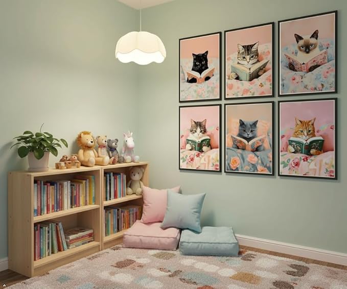 Zhfmoir Cute Cat Reading Posters Wall Art Set of 6, Funny Cats with Books Prints Aesthetic Kitty Wall Decor for Girls Bedroom Kids Room Nursery Classroom Library Decor 8x10 Inch Unframed