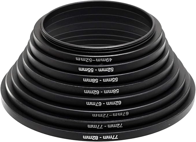 Fotasy Anodized Black Metal Filter Step Up Ring Set, Stepping Lens Adapter Rings 49-52mm 52-55mm 55-58mm 58-62mm 62-67mm 67-72mm 72-77mm 77-82mm (SRU)