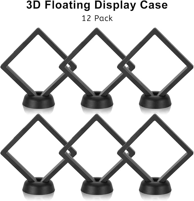 12PCS 3D Floating Frame Case with Stands, Challenge Coin Display Stand Holder, Gift Packing Frame Showcase for Earrings, Jewelry, Medallions, Specimens, 3.54x3.54 Inch (Black)
