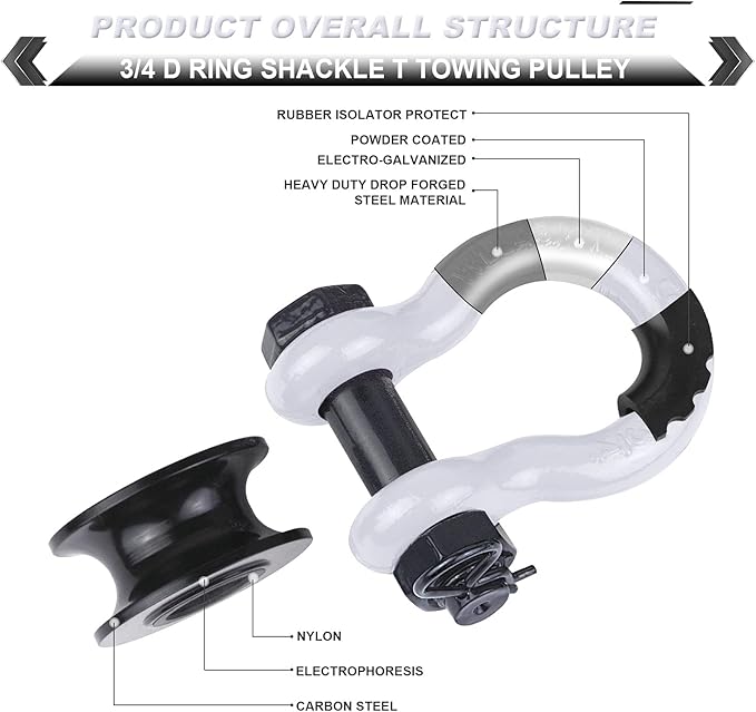 Upgraded Snatch Block, 3/4" D Ring Shackle (2 Pack) 22,000lb Break Strength with Towing Pulley, Heavy Duty Offroad Recovery Accessory for Truck, Tractor, ATV & UTV - White