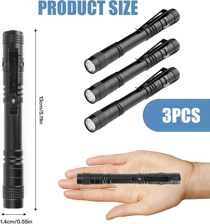 Mini Flashlight, AAA Small Pen Light with Clip, Portable 500lm Pocket Pen Flashlight for Inspection Repair Outdoor Emergency (3 Pack, Black, 5.1")