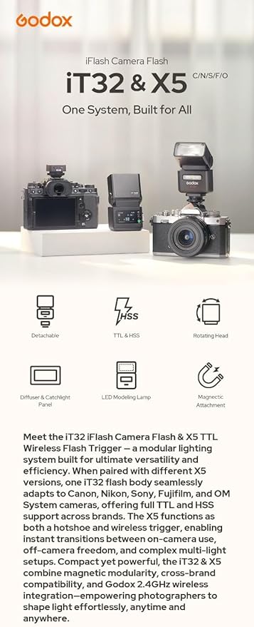 Godox iT32 TTL Camera Flash with X5O Flash Trigger for Olympus Magnetic Detachable,Instant On/Off-Camera Switch,LCD Touchscreen Speedlight,TTL HSS 2.4GHz Wireless Trigger,GN18 1.5s Recycle,Weddings
